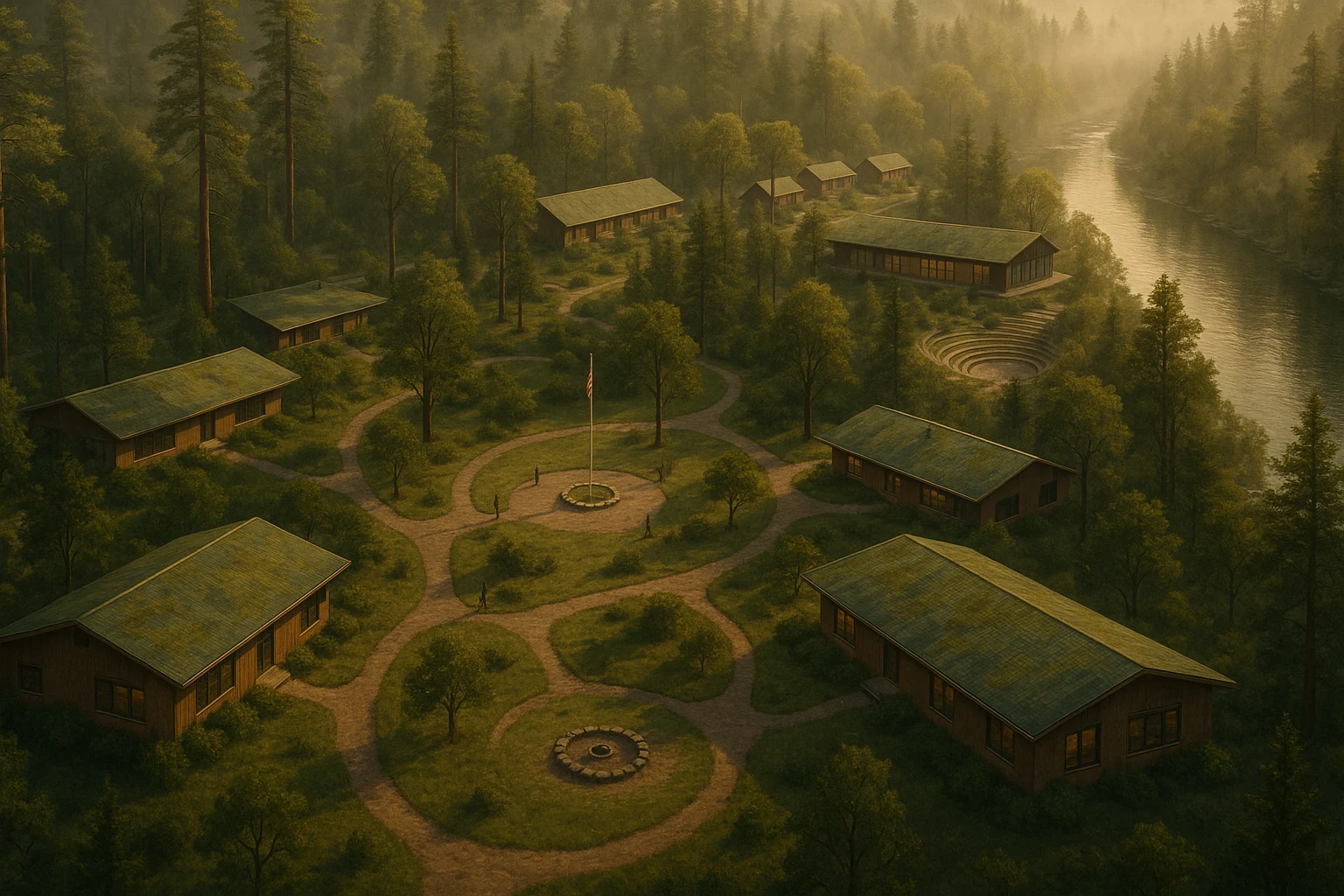 Proposed forest-integrated Wolf Ridge campus with cabins, paths, and communal outdoor spaces