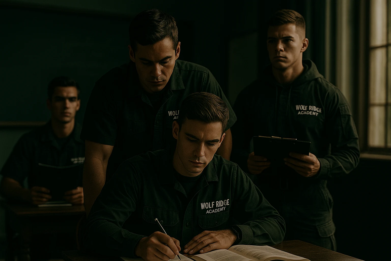 Academy concept image of male cadets studying with a mentor